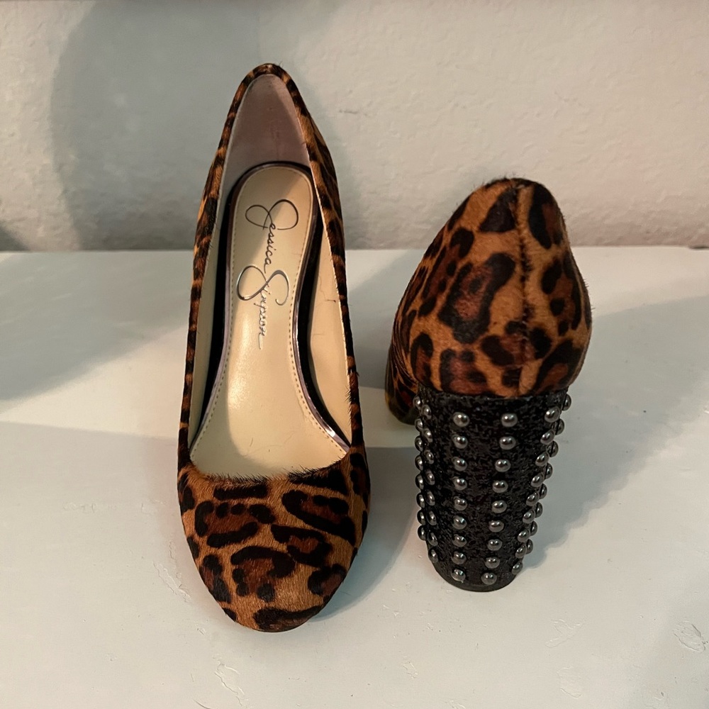 Jessica Simpson pony hair, cheetah, print, studded heels